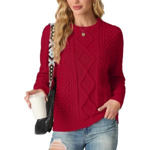 imageGRECERELLE Womens 2026 Fall amp Winter Fashion Sweater Crewneck Long Sleeve Cable Knit Chunky Vintage Casual Pullover TopsRed