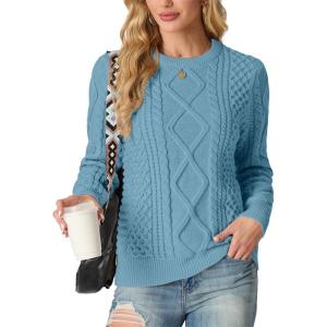 imageGRECERELLE Womens 2026 Fall amp Winter Fashion Sweater Crewneck Long Sleeve Cable Knit Chunky Vintage Casual Pullover TopsSky Blue