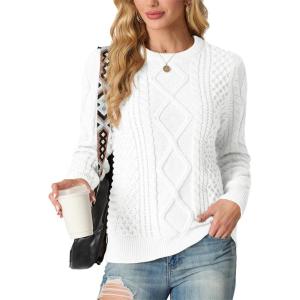 imageGRECERELLE Womens 2026 Fall amp Winter Fashion Sweater Crewneck Long Sleeve Cable Knit Chunky Vintage Casual Pullover TopsWhite
