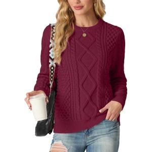 imageGRECERELLE Womens 2026 Fall amp Winter Fashion Sweater Crewneck Long Sleeve Cable Knit Chunky Vintage Casual Pullover TopsWine Red
