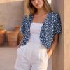 imageGRECERELLE Womens Summer Lightweight Cropped Cardigan Shrug Short Sleeve Open Front Casual Bolero Cover UpsBlue White Flower