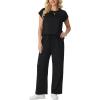 imageGRECERELLE Womens Two Piece Lounge Set Striped Short Sleeve Top with Wide Leg Pants Summer Travel Casual OutfitAblack