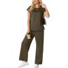 imageGRECERELLE Womens Two Piece Lounge Set Striped Short Sleeve Top with Wide Leg Pants Summer Travel Casual OutfitArmy Green