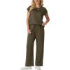 imageGRECERELLE Womens Two Piece Lounge Set Striped Short Sleeve Top with Wide Leg Pants Summer Travel Casual OutfitArmy Green