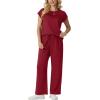 imageGRECERELLE Womens Two Piece Lounge Set Striped Short Sleeve Top with Wide Leg Pants Summer Travel Casual OutfitBurgundy