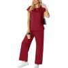imageGRECERELLE Womens Two Piece Lounge Set Striped Short Sleeve Top with Wide Leg Pants Summer Travel Casual OutfitBurgundy