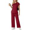 imageGRECERELLE Womens Two Piece Lounge Set Striped Short Sleeve Top with Wide Leg Pants Summer Travel Casual OutfitBurgundy