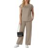 imageGRECERELLE Womens Two Piece Lounge Set Striped Short Sleeve Top with Wide Leg Pants Summer Travel Casual OutfitCoffee Gray