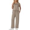 imageGRECERELLE Womens Two Piece Lounge Set Striped Short Sleeve Top with Wide Leg Pants Summer Travel Casual OutfitCoffee Gray