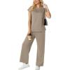 imageGRECERELLE Womens Two Piece Lounge Set Striped Short Sleeve Top with Wide Leg Pants Summer Travel Casual OutfitCoffee Gray