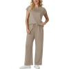 imageGRECERELLE Womens Two Piece Lounge Set Striped Short Sleeve Top with Wide Leg Pants Summer Travel Casual OutfitCoffee Gray
