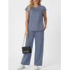 imageGRECERELLE Womens Two Piece Lounge Set Striped Short Sleeve Top with Wide Leg Pants Summer Travel Casual OutfitHaze Blue