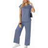 imageGRECERELLE Womens Two Piece Lounge Set Striped Short Sleeve Top with Wide Leg Pants Summer Travel Casual OutfitHaze Blue