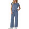 imageGRECERELLE Womens Two Piece Lounge Set Striped Short Sleeve Top with Wide Leg Pants Summer Travel Casual OutfitHaze Blue