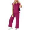 imageGRECERELLE Womens Two Piece Lounge Set Striped Short Sleeve Top with Wide Leg Pants Summer Travel Casual OutfitHot Pink