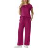 imageGRECERELLE Womens Two Piece Lounge Set Striped Short Sleeve Top with Wide Leg Pants Summer Travel Casual OutfitHot Pink
