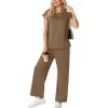 imageGRECERELLE Womens Two Piece Lounge Set Striped Short Sleeve Top with Wide Leg Pants Summer Travel Casual OutfitLight Coffee