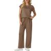 imageGRECERELLE Womens Two Piece Lounge Set Striped Short Sleeve Top with Wide Leg Pants Summer Travel Casual OutfitLight Coffee