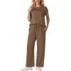 imageGRECERELLE Womens Two Piece Lounge Set Striped Short Sleeve Top with Wide Leg Pants Summer Travel Casual OutfitLight Coffee