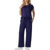 imageGRECERELLE Womens Two Piece Lounge Set Striped Short Sleeve Top with Wide Leg Pants Summer Travel Casual OutfitNavy Blue