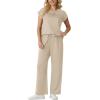 imageGRECERELLE Womens Two Piece Lounge Set Striped Short Sleeve Top with Wide Leg Pants Summer Travel Casual OutfitOatmeal