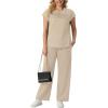 imageGRECERELLE Womens Two Piece Lounge Set Striped Short Sleeve Top with Wide Leg Pants Summer Travel Casual OutfitOatmeal