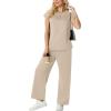 imageGRECERELLE Womens Two Piece Lounge Set Striped Short Sleeve Top with Wide Leg Pants Summer Travel Casual OutfitOatmeal