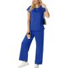 imageGRECERELLE Womens Two Piece Lounge Set Striped Short Sleeve Top with Wide Leg Pants Summer Travel Casual OutfitRoyal Blue