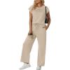 imageGRECERELLE Womens Two Piece Lounge Set Striped Short Sleeve Top with Wide Leg Pants Summer Travel Casual OutfitOatmeal