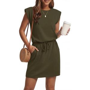 imageGRECERELLE 2026 Womens Summer Dresses Round Neck Sleeveless Tie Waist Casual Shirt Dress with PocketsArmy Green