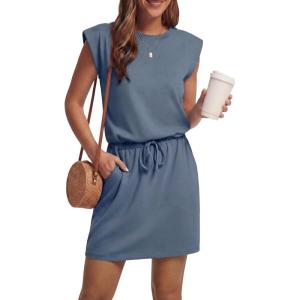 imageGRECERELLE 2026 Womens Summer Dresses Round Neck Sleeveless Tie Waist Casual Shirt Dress with PocketsDenim Blue