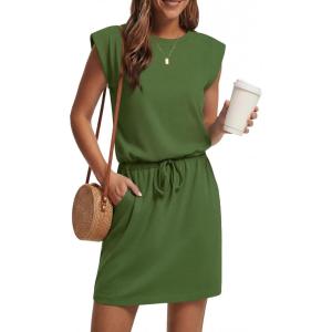 imageGRECERELLE 2026 Womens Summer Dresses Round Neck Sleeveless Tie Waist Casual Shirt Dress with PocketsDill Green