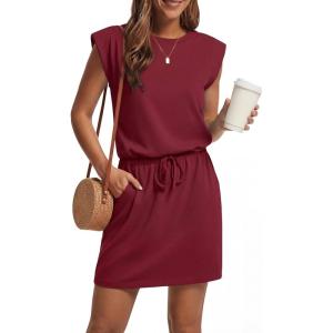 imageGRECERELLE 2026 Womens Summer Dresses Round Neck Sleeveless Tie Waist Casual Shirt Dress with PocketsWine Red