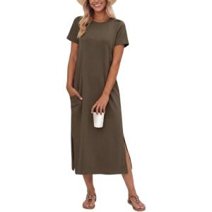 imageGRECERELLE Midi Dresses for Women  WrinkleFree Crewneck Split Long Dress for Work Travel Casual Versatile with PocketArmy Green