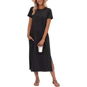 imageGRECERELLE Midi Dresses for Women  WrinkleFree Crewneck Split Long Dress for Work Travel Casual Versatile with PocketBlack