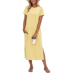 imageGRECERELLE Midi Dresses for Women  WrinkleFree Crewneck Split Long Dress for Work Travel Casual Versatile with PocketButter Yellow