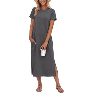 imageGRECERELLE Midi Dresses for Women  WrinkleFree Crewneck Split Long Dress for Work Travel Casual Versatile with PocketDark Gray