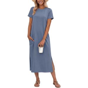 imageGRECERELLE Midi Dresses for Women  WrinkleFree Crewneck Split Long Dress for Work Travel Casual Versatile with PocketDenim Blue