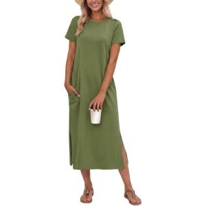 imageGRECERELLE Midi Dresses for Women  WrinkleFree Crewneck Split Long Dress for Work Travel Casual Versatile with PocketDill Green