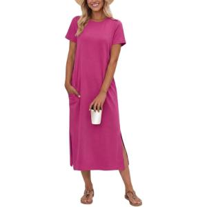 imageGRECERELLE Midi Dresses for Women  WrinkleFree Crewneck Split Long Dress for Work Travel Casual Versatile with PocketHot Pink