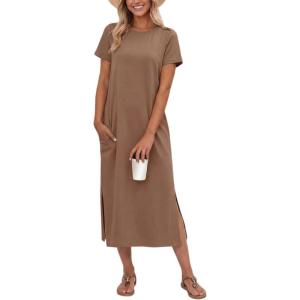 imageGRECERELLE Midi Dresses for Women  WrinkleFree Crewneck Split Long Dress for Work Travel Casual Versatile with PocketLight Coffee