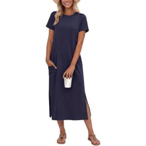 imageGRECERELLE Midi Dresses for Women  WrinkleFree Crewneck Split Long Dress for Work Travel Casual Versatile with PocketNavy Blue