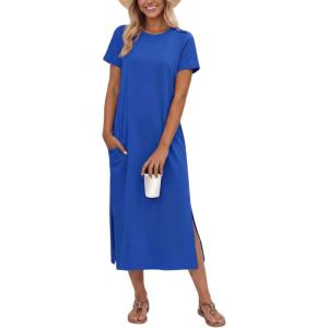imageGRECERELLE Midi Dresses for Women  WrinkleFree Crewneck Split Long Dress for Work Travel Casual Versatile with PocketRoyal Blue