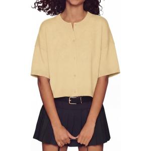imageGRECERELLE Short Sleeve Cardigan for Women Lightweight Button Down Casual Cropped Knit Sweater TopsButter Yellow