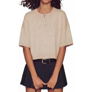 imageGRECERELLE Short Sleeve Cardigan for Women Lightweight Button Down Casual Cropped Knit Sweater TopsOatmeal