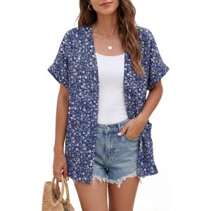 imageGRECERELLE Short Sleeve Cardigan for Women Lightweight Summer with Pockets Open Front Casual Beach Cover Ups 2026Blue Small Flower