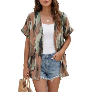 imageGRECERELLE Short Sleeve Cardigan for Women Lightweight Summer with Pockets Open Front Casual Beach Cover Ups 2026Camou Green Pink