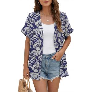 imageGRECERELLE Short Sleeve Cardigan for Women Lightweight Summer with Pockets Open Front Casual Beach Cover Ups 2026Dark Blue Palm Leaf