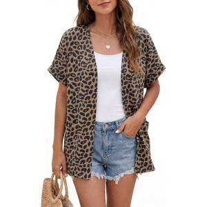 imageGRECERELLE Short Sleeve Cardigan for Women Lightweight Summer with Pockets Open Front Casual Beach Cover Ups 2026Leopard Print Dark Khaki