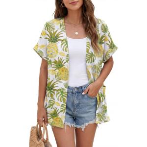 imageGRECERELLE Short Sleeve Cardigan for Women Lightweight Summer with Pockets Open Front Casual Beach Cover Ups 2026White Pineapple